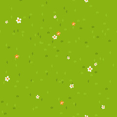 Cartoon grass with small flowers daisy and marigold. Grass field, background, texture