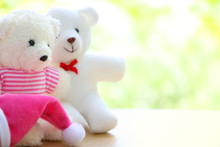 Two White Teddy Bears Wear Pink Shirts And Red Bow With Pink Christmas Cap On Wooden Table On Green,yellow And White Bokeh Have Copy Space