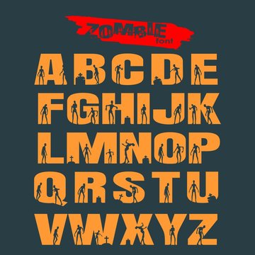 Decorative alphabet vector font. Letters symbols with cutout zombies silhouettes. Typography for headlines, posters and greeting cards