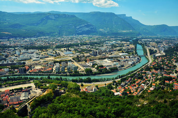 Poster - Amazing view with Isere river  and buildings architecture. .View from above, from Fort Bastille in Grenoble, France