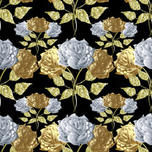 Roses Seamless Pattern. Black Floral Vector Background. Elegant Flowery Ornaments With Surface Gold White 3d Roses Flowers And Golden Leaves. Flourish Wallpaper. Design With Shadows And Highlights.
