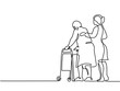Continuous line drawing. Young woman help old woman using a walking frame. Vector illustration