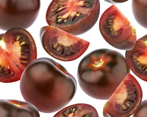 Black tomatoes seamless pattern. Black tomato isolated on white background