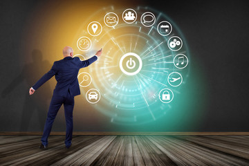 Poster - home button of a technology interface surrounded by application - technology app concept