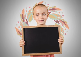 Poster - Girl against grey background with blackboard and leaf pattern