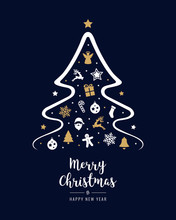 Merry Christmas Tree Elements Greeting Text Card Golden Blue Background