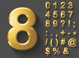 set of golden luxury 3d numbers and characters. golden metallic shiny bold symbols on gray backgroun