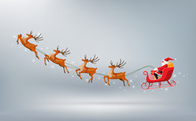 Merry Christmas And Happy New Year, Santa Claus Drives Sleigh With Reindeer Isolated, Flat Cartoon Style, Vector Illustration