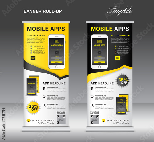 Mobile Apps Roll Up Banner Template Stand Layout Yellow Banner
