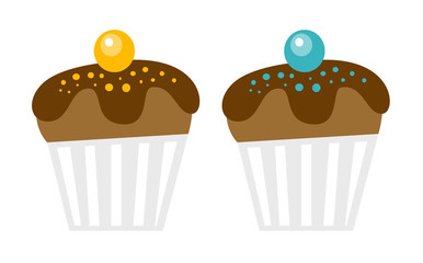 Canvas Print - Fresh chocolate decorated muffins vector cartoon illustration isolated on white background