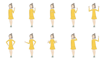 Canvas Print - Young caucasian hippie woman set. Woman waving hand, giving thumb up, showing victory gesture, ok sign, pointing finger up. Set of vector sketch cartoon illustrations isolated on white background.