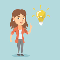 Wall Mural - Happy caucasian student pointing finger up at the glowing idea lightbulb. Young excited student with bright idea lightbulb. Student having a great idea. Vector cartoon illustration. Square layout.