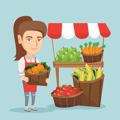 Poster - Caucasian street seller standing near the stall with fruits and vegetables. Street seller standing near the market stall and holding a basket of oranges. Vector cartoon illustration. Square layout.