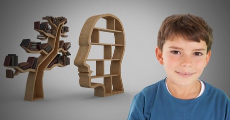 Poster - Boy against grey background smiling and head and tree bookshelf