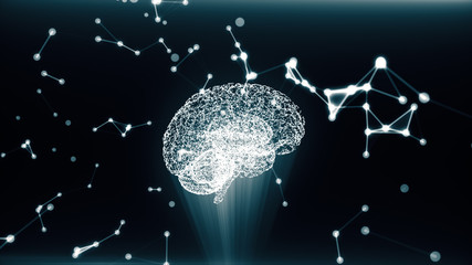Poster - circular rotation polygonal brain shape of an artificial intelligence with lines and glowing dots an