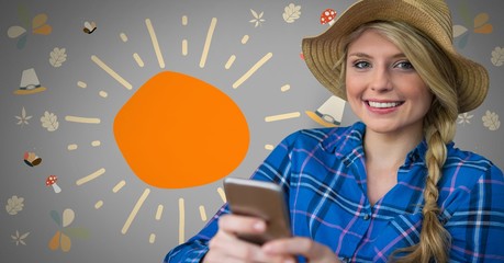 Poster - Girl against grey background with sun hat and phone and colorful