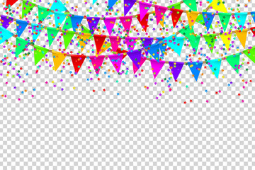 Wall Mural - Vector realistic isolated party flags and confetti for decoration and covering on the transparent background. Concept of birthday, holiday and celebration.