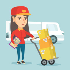 Wall Mural - Young caucasian delivery courier pushing the trolley with cardboard boxes. Delivery courier standing in front of delivery truck and holding a clipboard. Vector cartoon illustration. Square layout.