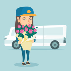 Sticker - Young caucasian courier with a bouquet of flowers in hands standing on the background of delivery truck. Delivery courier delivering a bouquet of flowers. Vector cartoon illustration. Square layout.