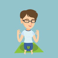 Sticker - Caucasian sportswoman relaxing in the yoga lotus position. Young sportswoman meditating in yoga lotus pose. Peaceful sporty woman doing yoga on the mat. Vector cartoon illustration. Square layout.