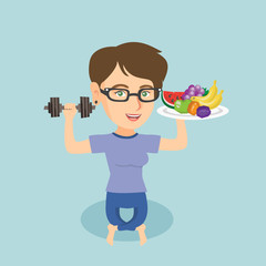 Poster - Young caucasian woman holding healthy fruits and a dumbbell in hands. Woman choosing healthy lifestyle. Healthy lifestyle concept. Vector cartoon illustration. Square layout.