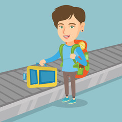 Canvas Print - Happy caucasian passenger picking up suitcase from luggage conveyor belt at the airport. Young cheerful passenger taking her luggage from conveyor belt. Vector cartoon illustration. Square layout.