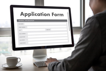 Poster - business man working on laptop computer use Online Web Job Application Form moniter