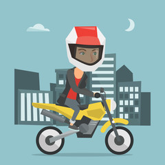 Canvas Print - Young caucasian woman in helmet riding a motorcycle on the background of night city. Motorcyclist driving a motorcycle on the city road at night. Vector cartoon illustration. Square layout.