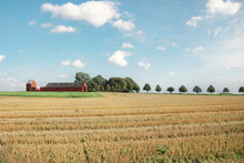 Swedish Country Side With Harvested Fields And Red Barn, Close To Lund