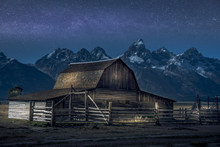 Light Paint On Thomas Molton Barn, Part Of The Mormon Row On Grand Teton National Park. Also With Milky Way Behind It.