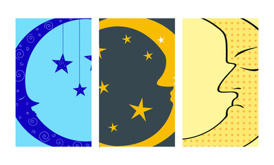 different moon cards nature cosmos cycle satellite surface whole cycle from new star vector illustra