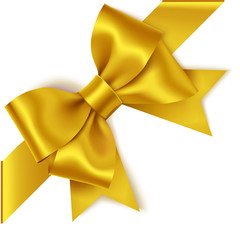 Wall Mural - decorative golden bow with diagonally ribbon for corner decor isolated on white. new year holiday de