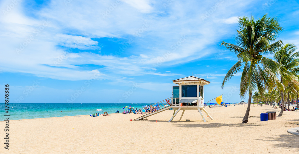 Paradise beach at Fort Lauderdale in Florida on a beautiful sumer day. Tropical beach with palms at white beach. USA. - obrazy, fototapety, plakaty 