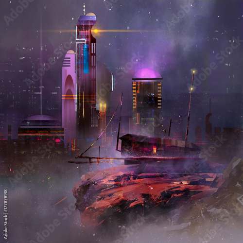 Plakat Malowany fantastyczny krajobraz. Nocne miasto przyszłości.