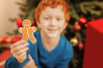 Redhead little boy holding handmade gingerbread man at home