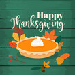 Happy Thanksgiving. Round bright orange homemade pumpkin pie in baking dish. Flat design modern vector business concept.
