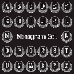 Poster - Set of elegant monograms in antique style. White vintage logos of round ornate frames and english alphabet letters.