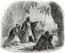 Old Illustration Of Bedouins Robbers. Grayscale Execution By Unidentified Author, Published On The Penny Magazine, London, 1835