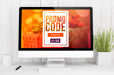 white workspace with computer promo code
