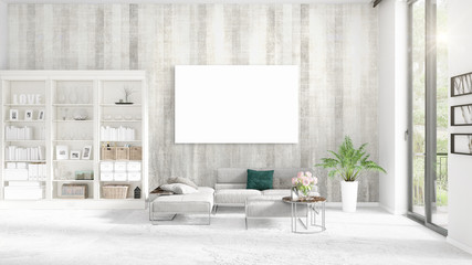 Fashionable modern loft interior with empty frame and copyspace in horizontal arrangement. 3D rendering.