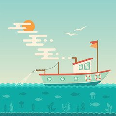  vector illustration of commercial ship, fishing boat at the sea, nautical background