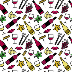 Wall Mural - Seamless pattern with wine and food icons. Colorful icons