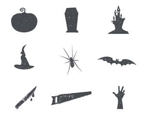 Wall Mural - Set of halloween silhouette isons. Vintage hand drawn Halloween party symbols design for celebrating holiday. Retro monochrome style. Stock isolated on white background