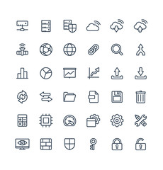Fototapete - Vector thin line icons set and graphic design elements. Illustration with big data and analytics technology outline symbols. Bigdata, database, seo, server, information security linear pictogram