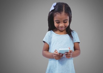 Poster - Girl smiling against grey background with phone