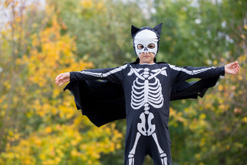 Canvas Print - Cute child, boy dressed in halloween costume, playing in the park