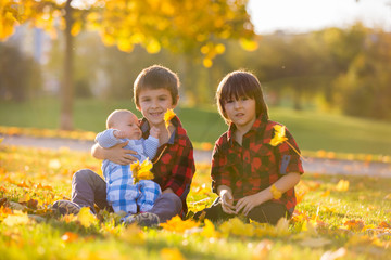 Three happy children, boy brothers, having fun in the park,