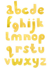 Fototapete - Large grainy watercolor bright lowercase letters. Bold alphabet sequence from A to Z. Bright yellow font
