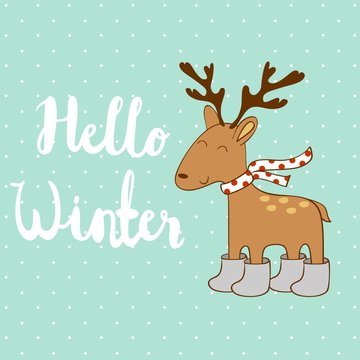 Hello winter. Vector illustration of a cartoon deer