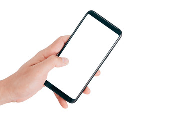 Poster - Smartphone Mock up,Hand holding mobile phone and using touching screen isolated on white background with clipping path for design